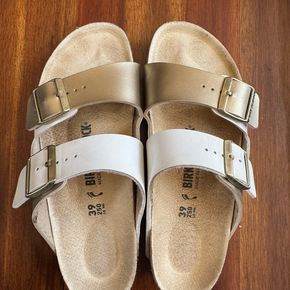 Birkenstock Sandals in Gold and White